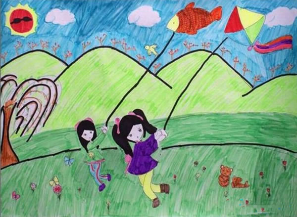 春天放风筝的小女孩儿童画