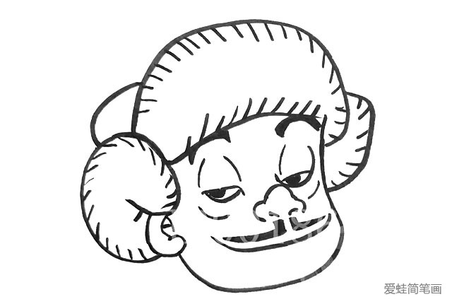 3.然后帽子上面画上短斜线，画眉毛眼睛鼻子胡子和嘴巴。