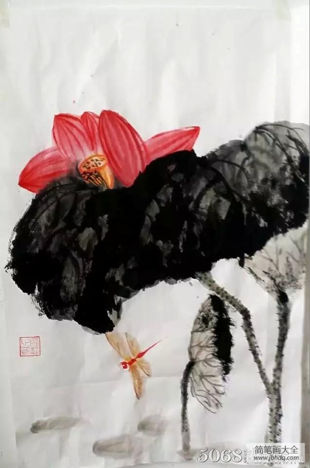 国画大写意荷花作品之红荷图