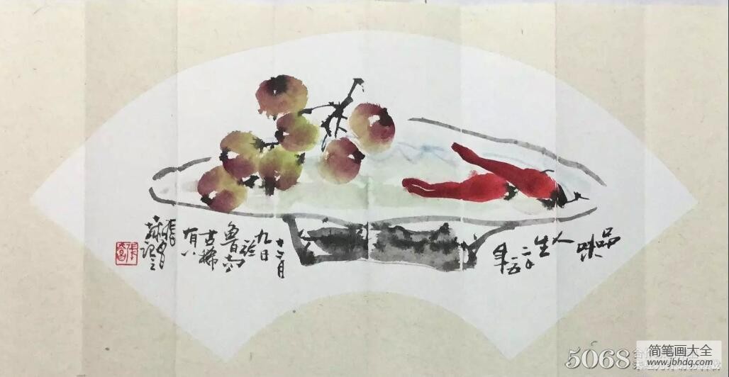 紫葡萄和红辣椒简单花鸟写意画图片