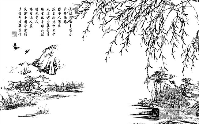 风吹飘扬的柳树的简笔画图片