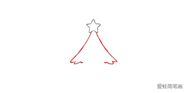 2.在星星下面，画两条弧线，一条向左倾斜，另外一条向右倾斜，线条的弧度大致相同。在底部添加一些穗状物来表示松针。