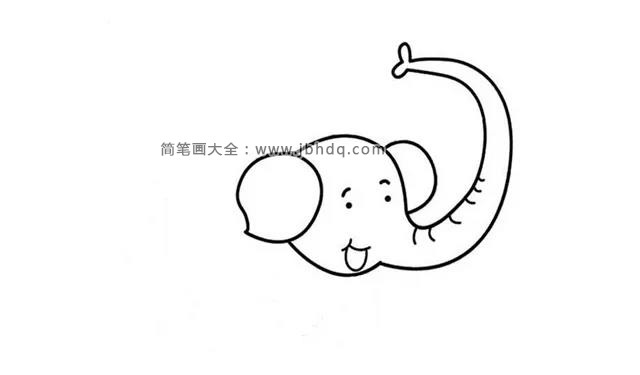 第三步  接着画出大象的眉毛和小小的眼睛，在鼻子下面画上张开着的嘴巴。