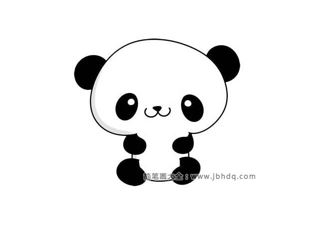 第七步  熊猫的体色是黑白相间的，眼睛、耳朵、四肢还有后背是黑色的，其余地方是白色的。这样熊猫简笔画就画好了。但在人们心中熊猫宝宝一直都是憨态可掬，以乖萌的形象示人，所以今天的简笔画教程也是乖萌版的！
