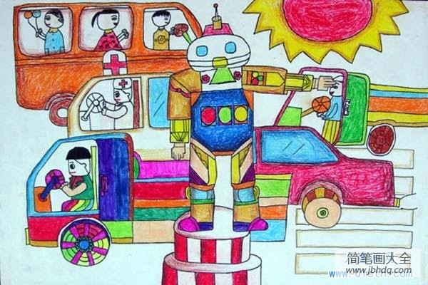 少儿警察儿童画科幻画图片：机器人警察