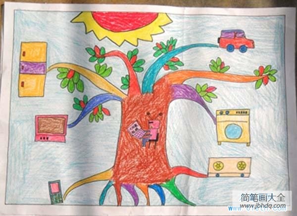 儿童科技创新大赛科幻画作品：大树太阳能充电器