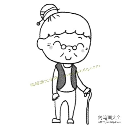 4.最后画双脚和拄着的拐棍