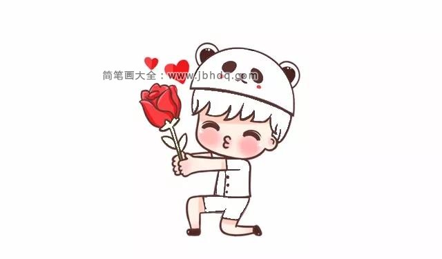 第十步 用红色给小男孩的脸颊,玫瑰花涂上颜色,然后在玫瑰花旁边画上两颗爱心,为了让男孩看上去立体一些,咱们在他手臂和大腿的部分稍微上一层淡淡的颜色。