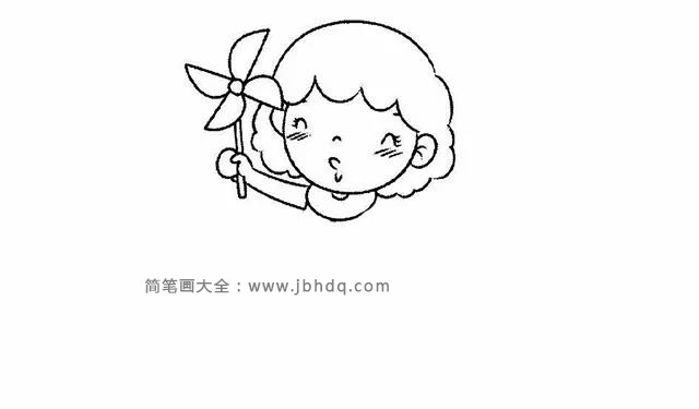 第五步：接着画出她伸直的胳膊和手里拿着的风车，小女孩在用力的吹着风车。