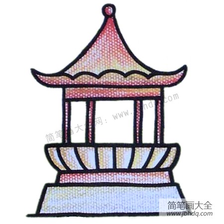 五涂上颜色完成（小朋友可以大胆设计亭子的色调，只要好看就可以。）