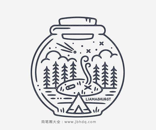 精致的黑白线描风景小插画1