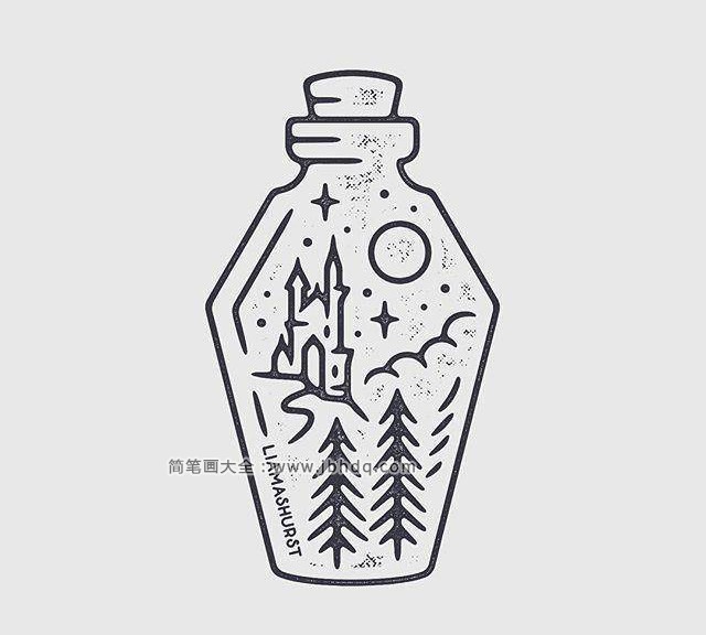精致的黑白线描风景小插画3