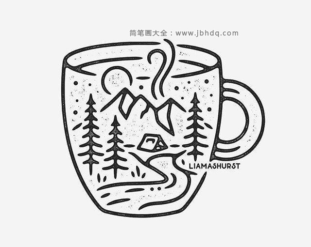 精致的黑白线描风景小插画9