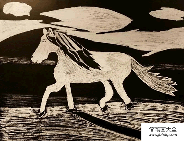 儿童画 奔跑的骏马黑白木刻版画