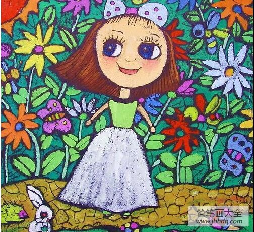 儿童版画 花丛中的小女孩