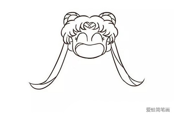 第五步:画出额头上的月之冕,再画出两缕飘起来的头发。