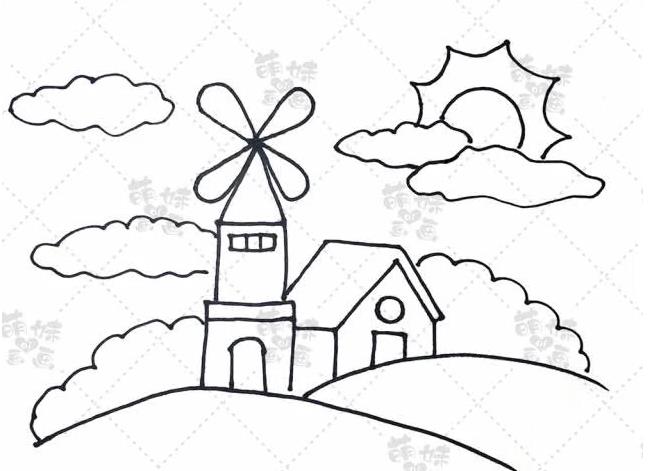 山顶风车风景简笔画