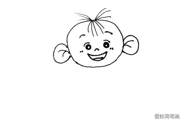 第四步：画上尖尖的小鼻子，笑起来的嘴巴，红晕和头上一根根的头发。
