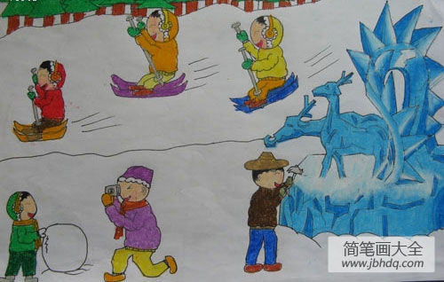 儿童画滑雪橇