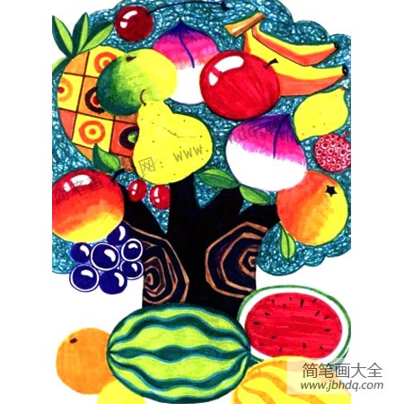 4.把水果涂上颜色，添加背景。