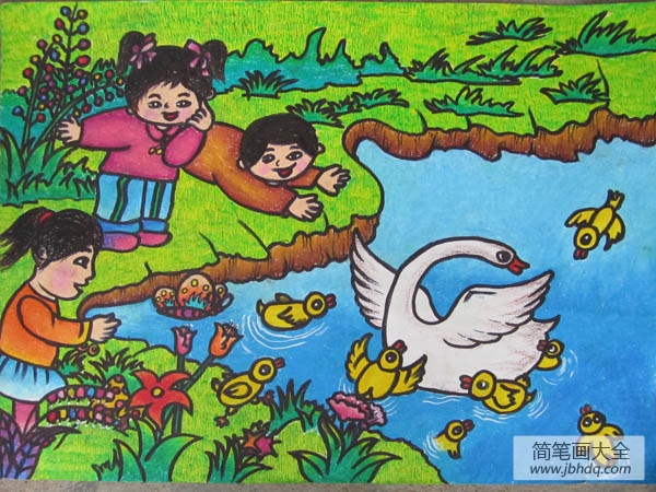 儿童画春天的大白鹅