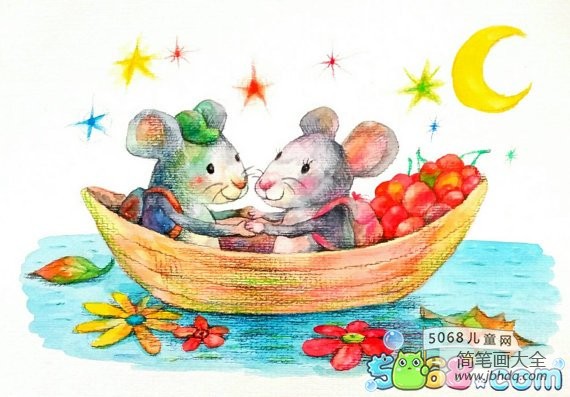 收果子的老鼠夫妇水彩画作品欣赏