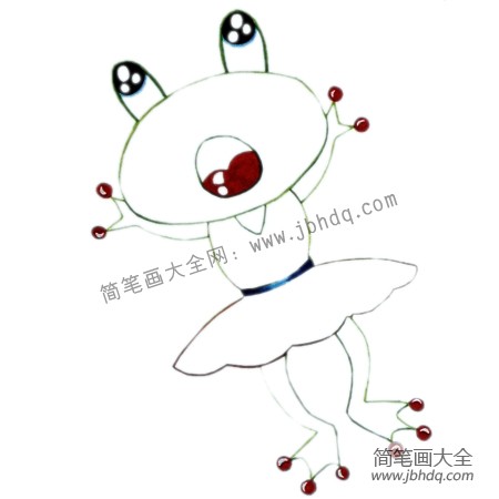 1.先用彩笔画出青蛙的外轮廓，青蛙的嘴巴张得大大的，唱歌的嗓门一定特别大。