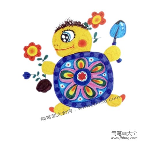 2.画出小花背，让小乌龟拿上小铲子吧。