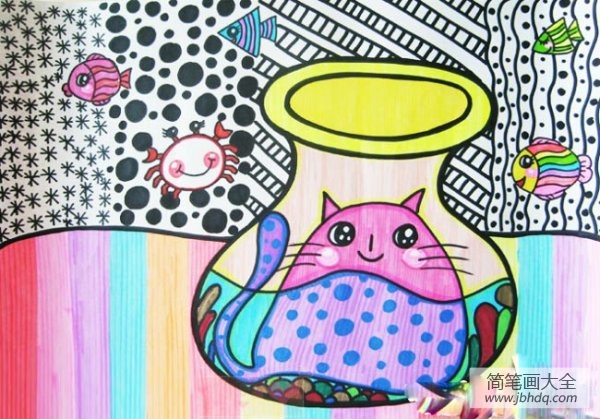 儿童画瓶中的小猫幼儿水彩画作品