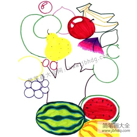 3.画出被遮挡住的水果、树干。