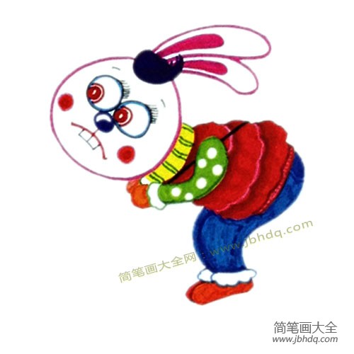 2.画出小兔身体的动势，身体尽量向前倾，腿部弯曲，并为衣服涂鲜艳的颜色。