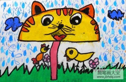 儿童油棒画作品 小猫伞