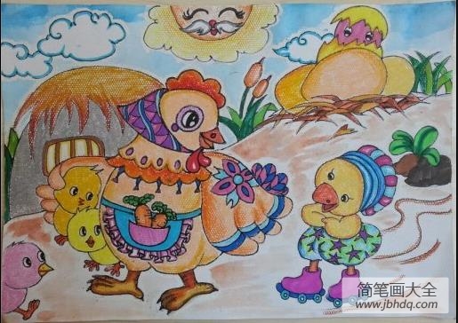 儿童油棒画作品 潮流的小鸡