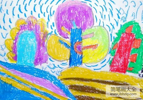 秋天的树儿童画图片-秋天树叶落了