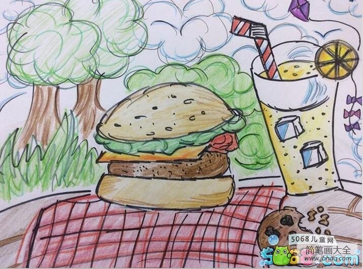 吃汉堡喝冷饮快乐暑假主题画作品分享