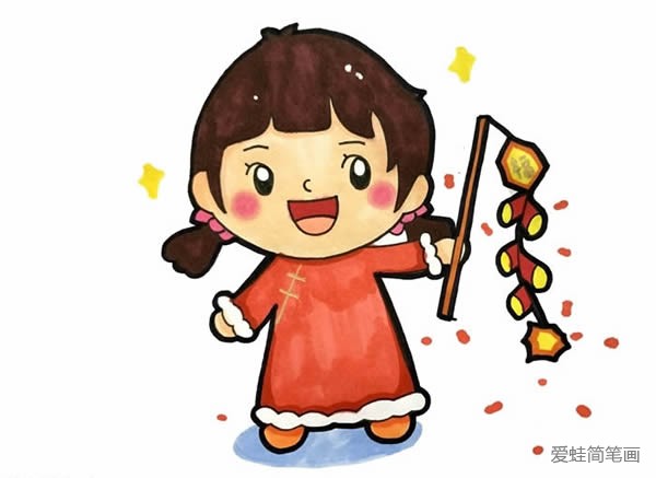 春节小朋友放鞭炮简笔画
