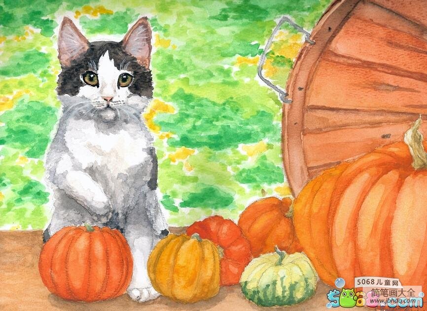 小猫咪和大南瓜秋天水彩画图片欣赏