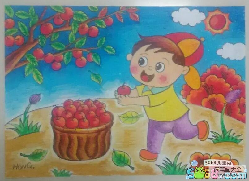 摘苹果秋天儿童画教师范画