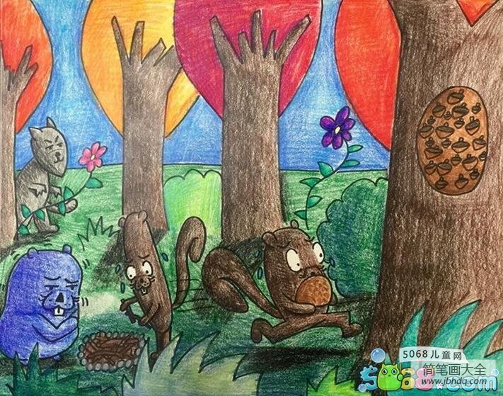 储存橡果的小松鼠秋天范画作品分享