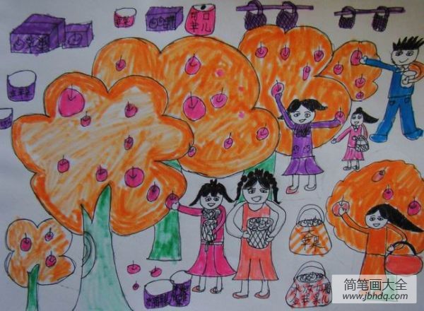 秋天丰收景色儿童画-秋天美丽的果园
