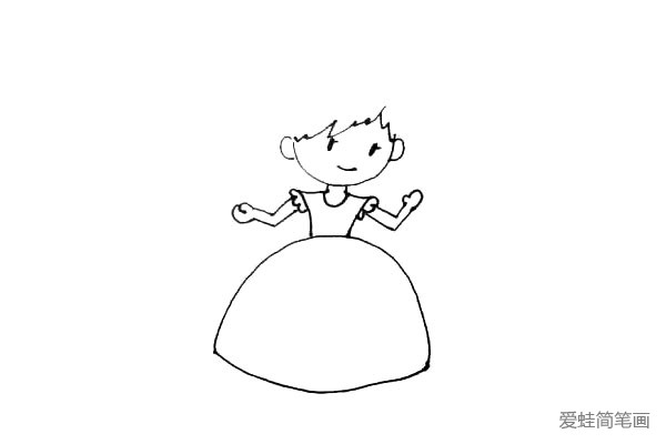 第五步：在身子的下面画上一个大半圆，再用弧线连起来，作成小公主的裙子。