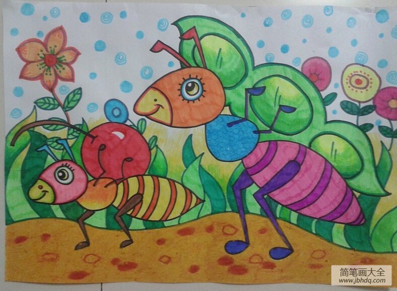 两只储存食物的小蚂蚁,秋天儿童画作品大全