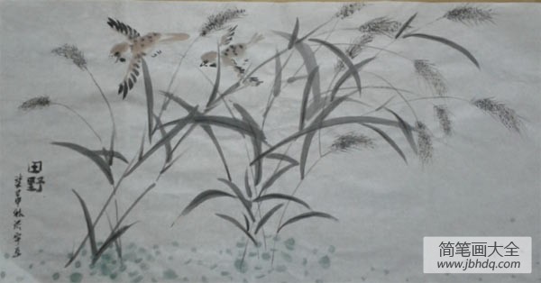 国画山水画高清图片-秋天的田野
