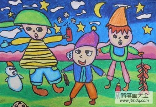 儿童画欢乐放鞭炮