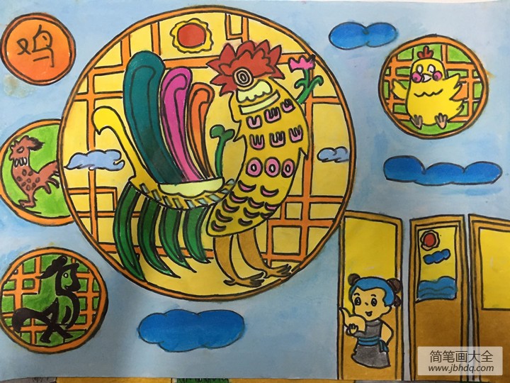 鸡年主题儿童剪纸画