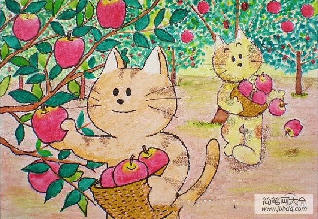 摘果子的小花猫五一劳动节画画图片欣赏