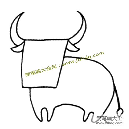 2.突出水牛的特征：宽宽的脸庞和弯弯的角。