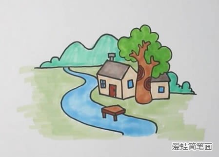 山水人家简笔画