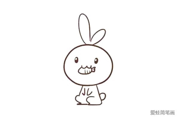 第七步:然后画出兔子的两只前肢和尾巴，尾巴很短，微微向上翘起。