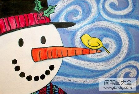 站在雪人鼻子上的小鸟绘画作品在线看